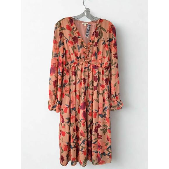 Jodifl Floral Tiered Midi Dress Women's Small Long Sleeve Cottagecore Boho - Picture 1 of 5